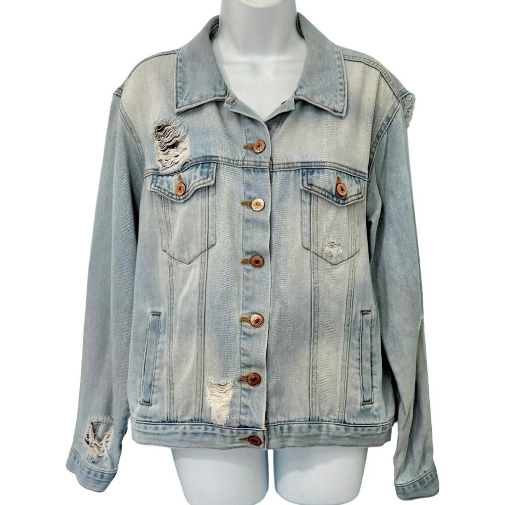 Forever 21 Blue Denim Pink Orange Floral Embroidered Distressed Jean Jacket sz M - Picture 4 of 11
